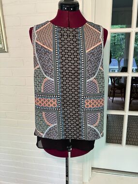 Rose & Olive Sleeveless Printed Blouse in Black, Coral & Light Blue